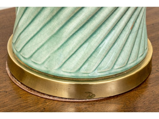 Vintage Paul Hanson Spiral Fluted Celadon Glazed Lidded Baluster Jar Mounted As A Table Lamp