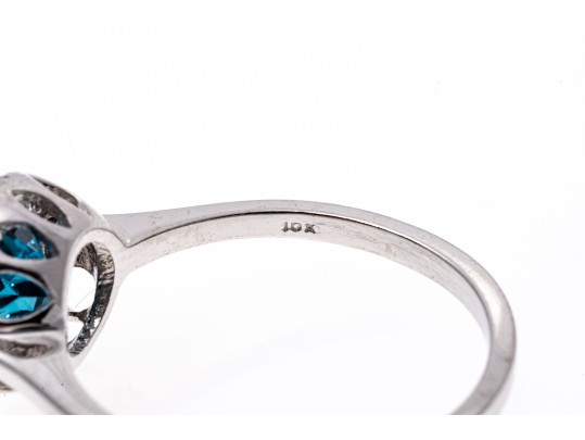 10k White Gold Checkerboard Cut Blue Topaz And Diamond Halo Ring, Size 6.75