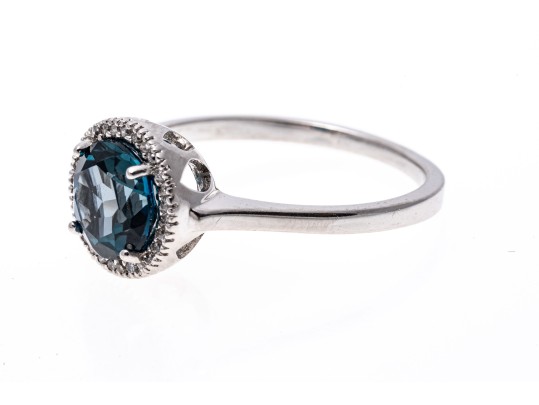 10k White Gold Checkerboard Cut Blue Topaz And Diamond Halo Ring, Size 6.75
