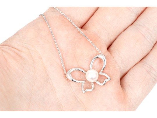 Mikimoto Lovely Sterling Silver And Cultured Pearl Set Butterfly Necklace, With Box