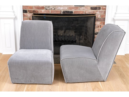 Chic Pair Of Restoration Hardware Gray Velvet Slipper Chairs