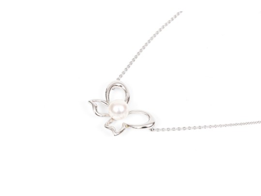 Mikimoto Lovely Sterling Silver And Cultured Pearl Set Butterfly Necklace, With Box