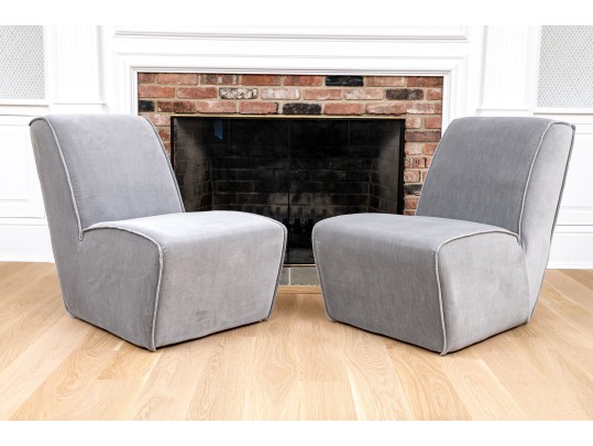 Chic Pair Of Restoration Hardware Gray Velvet Slipper Chairs