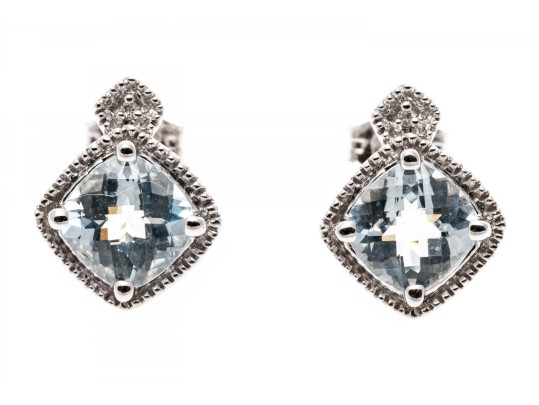 10k White Gold Checkerboard Cut Aquamarine Stud Earrings, App. 1.52 TCW