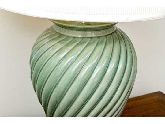 Vintage Paul Hanson Spiral Fluted Celadon Glazed Lidded Baluster Jar Mounted As A Table Lamp