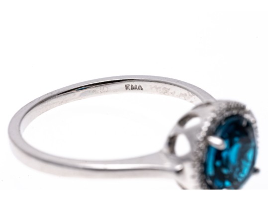 10k White Gold Checkerboard Cut Blue Topaz And Diamond Halo Ring, Size 6.75