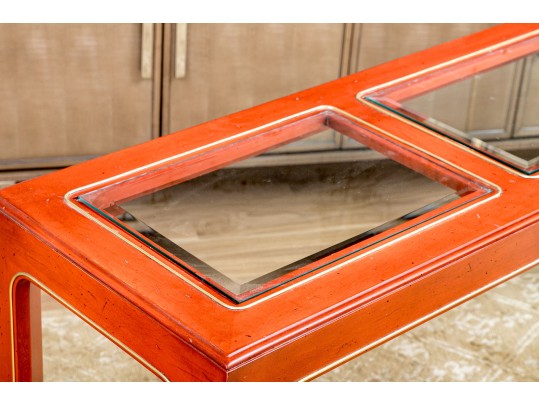Chinoiserie Chic Red Lacquered Console Table With Three Glass Panels