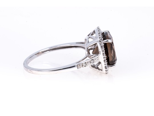 Contemporary 10K White Gold And Smoky Quartz Ring, Size 7+