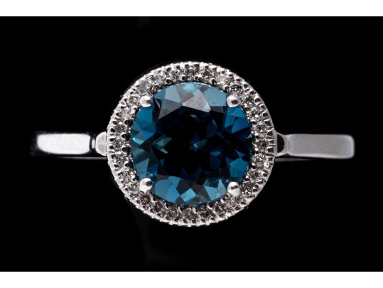 10k White Gold Checkerboard Cut Blue Topaz And Diamond Halo Ring, Size 6.75