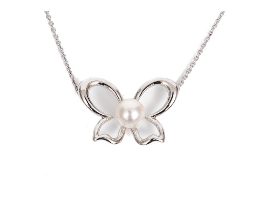 Mikimoto Lovely Sterling Silver And Cultured Pearl Set Butterfly Necklace, With Box