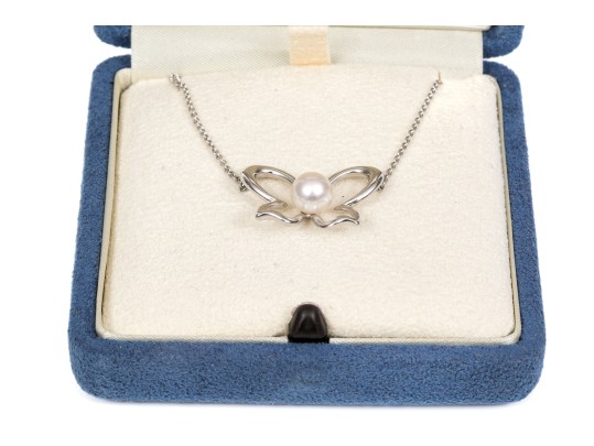 Mikimoto Lovely Sterling Silver And Cultured Pearl Set Butterfly Necklace, With Box