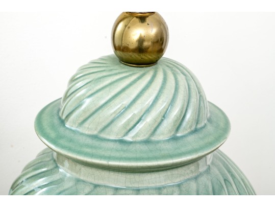 Vintage Paul Hanson Spiral Fluted Celadon Glazed Lidded Baluster Jar Mounted As A Table Lamp