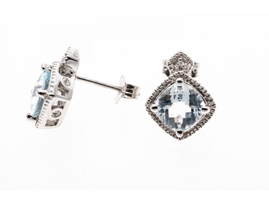 10k White Gold Checkerboard Cut Aquamarine Stud Earrings, App. 1.52 TCW