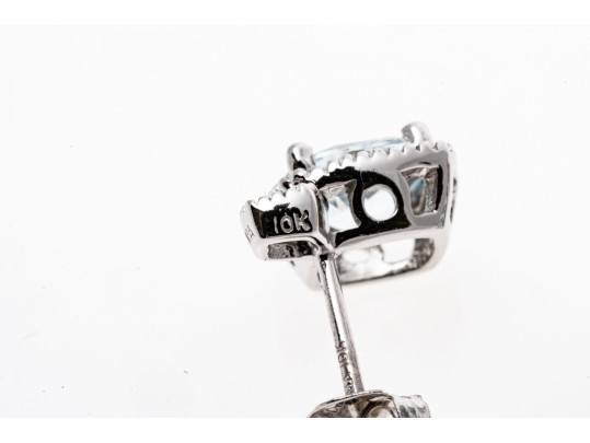 10k White Gold Checkerboard Cut Aquamarine Stud Earrings, App. 1.52 TCW