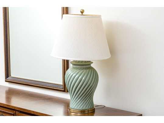 Vintage Paul Hanson Spiral Fluted Celadon Glazed Lidded Baluster Jar Mounted As A Table Lamp