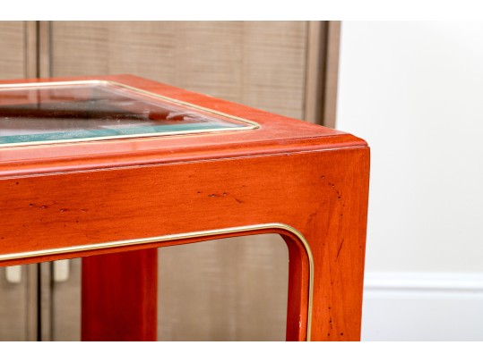 Chinoiserie Chic Red Lacquered Console Table With Three Glass Panels