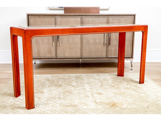 Chinoiserie Chic Red Lacquered Console Table With Three Glass Panels