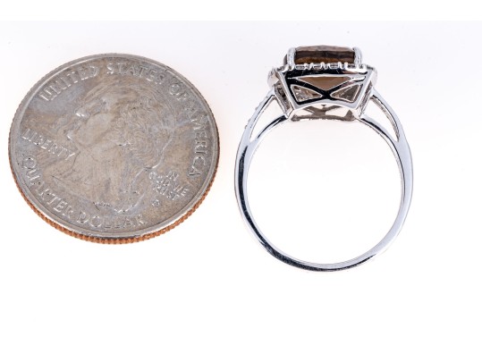 Contemporary 10K White Gold And Smoky Quartz Ring, Size 7+