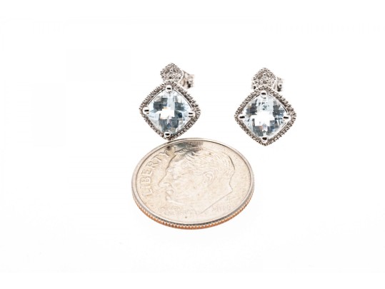10k White Gold Checkerboard Cut Aquamarine Stud Earrings, App. 1.52 TCW