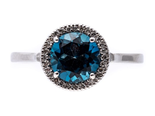 10k White Gold Checkerboard Cut Blue Topaz And Diamond Halo Ring, Size 6.75