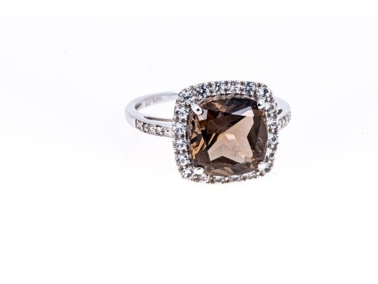 Contemporary 10K White Gold And Smoky Quartz Ring, Size 7+
