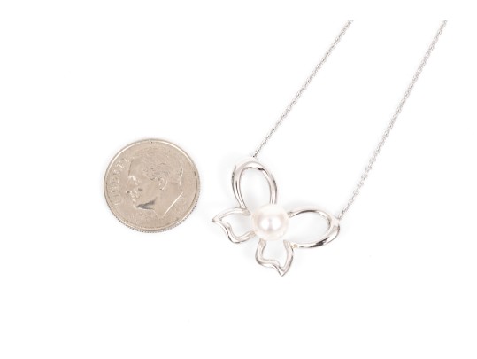 Mikimoto Lovely Sterling Silver And Cultured Pearl Set Butterfly Necklace, With Box