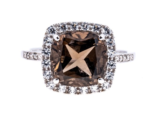 Contemporary 10K White Gold And Smoky Quartz Ring, Size 7+