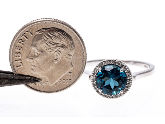 10k White Gold Checkerboard Cut Blue Topaz And Diamond Halo Ring, Size 6.75