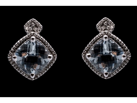 10k White Gold Checkerboard Cut Aquamarine Stud Earrings, App. 1.52 TCW