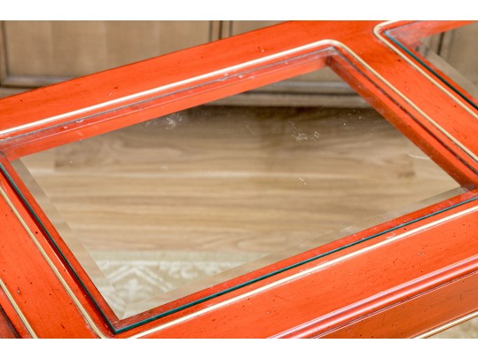 Chinoiserie Chic Red Lacquered Console Table With Three Glass Panels