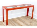 Chinoiserie Chic Red Lacquered Console Table With Three Glass Panels