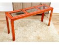Chinoiserie Chic Red Lacquered Console Table With Three Glass Panels