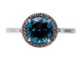 10k White Gold Checkerboard Cut Blue Topaz And Diamond Halo Ring, Size 6.75