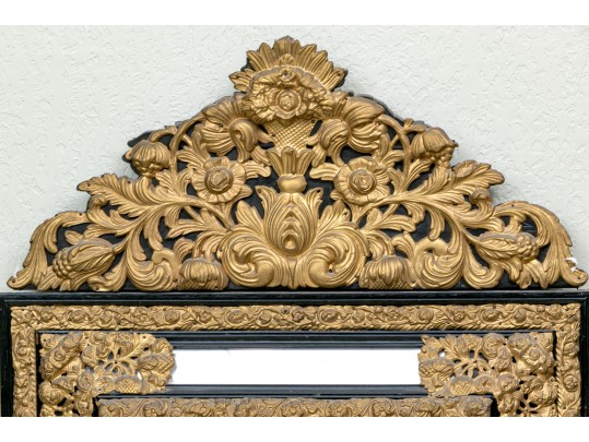 Lavish Dutch Style Brass And Carved Wood Mirror
