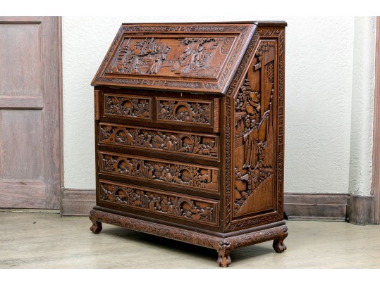 Ornate Carved Chinoiserie Secretary
