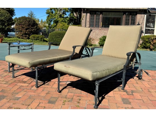 Pair Of Woodard Delphi Chaise Lounges With A Glass Top Accent Table