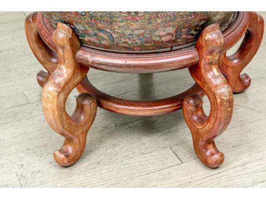 Chinese Export Rose Medallion Porcelain Jardiniere On Wood Stand
