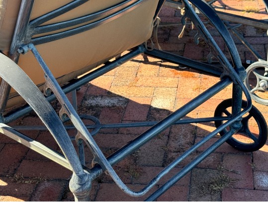 Pair Of Woodard Delphi Chaise Lounges With A Glass Top Accent Table