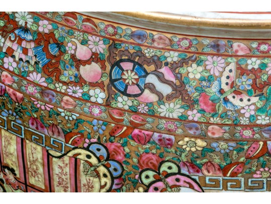 Chinese Export Rose Medallion Porcelain Jardiniere On Wood Stand