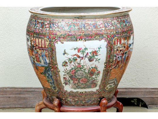 Chinese Export Rose Medallion Porcelain Jardiniere On Wood Stand