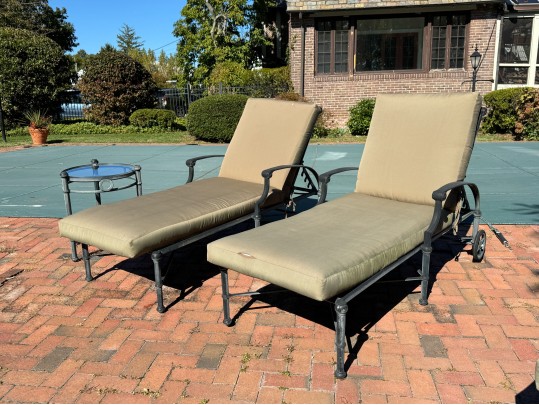 Pair Of Woodard Delphi Chaise Lounges With A Glass Top Accent Table