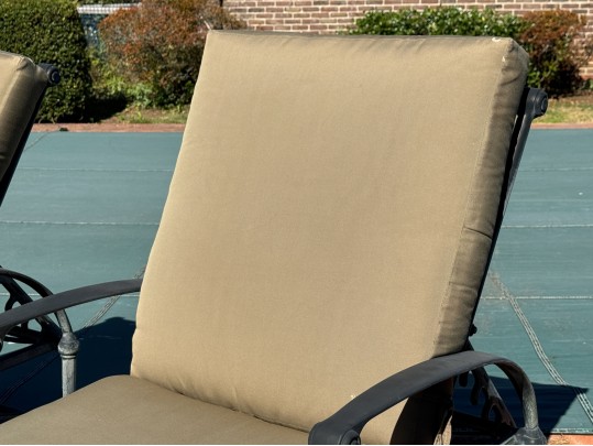 Pair Of Woodard Delphi Chaise Lounges With A Glass Top Accent Table