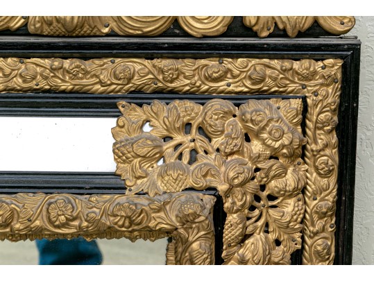 Lavish Dutch Style Brass And Carved Wood Mirror