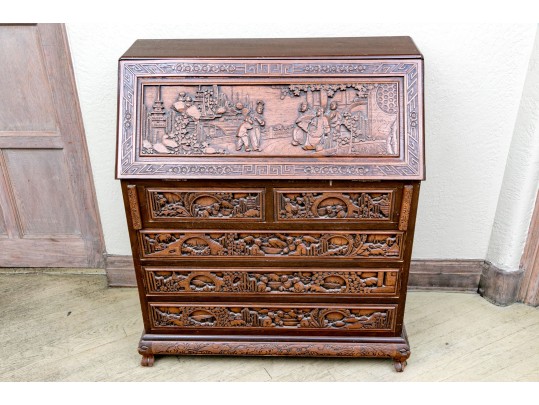 Ornate Carved Chinoiserie Secretary