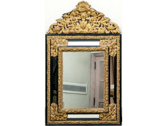 Lavish Dutch Style Brass And Carved Wood Mirror