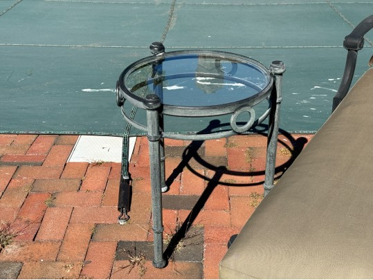 Pair Of Woodard Delphi Chaise Lounges With A Glass Top Accent Table