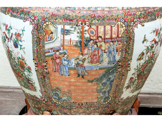 Chinese Export Rose Medallion Porcelain Jardiniere On Wood Stand