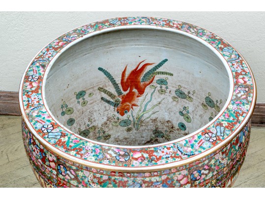 Chinese Export Rose Medallion Porcelain Jardiniere On Wood Stand