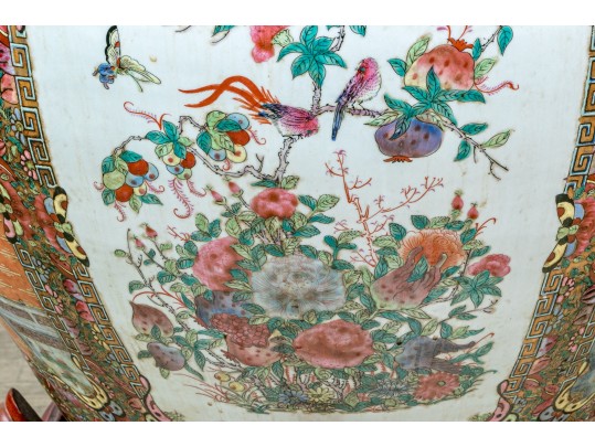 Chinese Export Rose Medallion Porcelain Jardiniere On Wood Stand