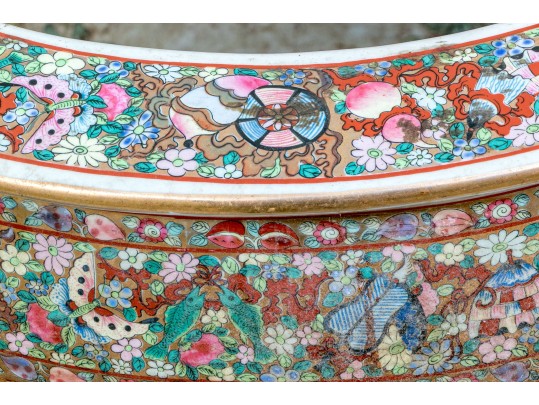 Chinese Export Rose Medallion Porcelain Jardiniere On Wood Stand